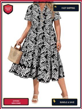 Plus Size Midi Floral Ruffle Dress, Short Sleeve V-Neck Casual